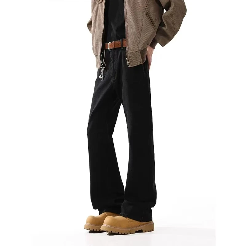 cleanfit黑色弯刀牛仔裤男款秋冬款修身美式裤子加绒微喇直筒长裤