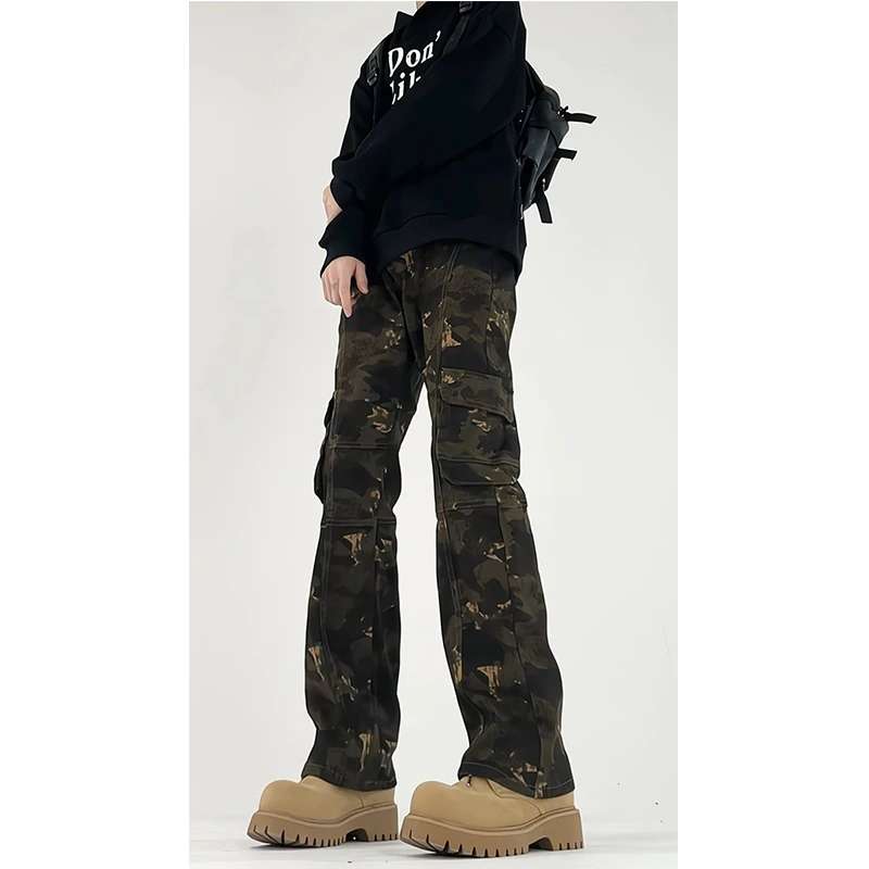 美式高街迷彩牛仔裤秋冬款宽松直筒cleanfit伐木工装复古微喇裤子