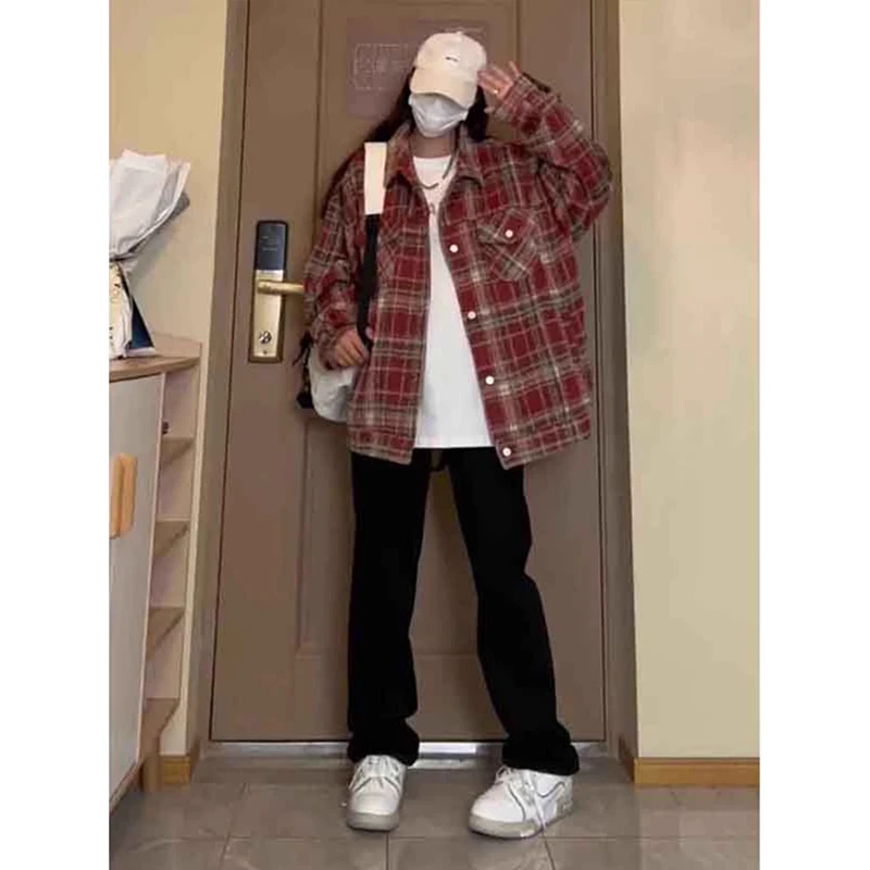 美式复古酒红色格子翻领衬衣外套男秋冬款休闲工装夹克小香风外套