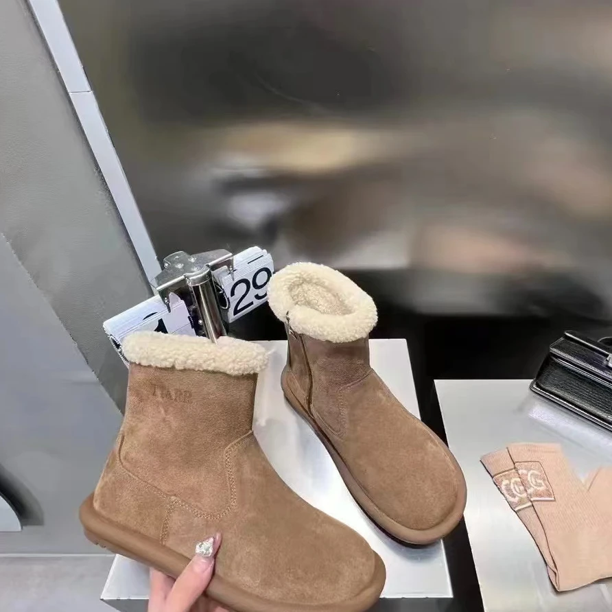 冬季新款短靴真皮加绒平底复古百搭女鞋小卷毛侧拉链保暖  11-019