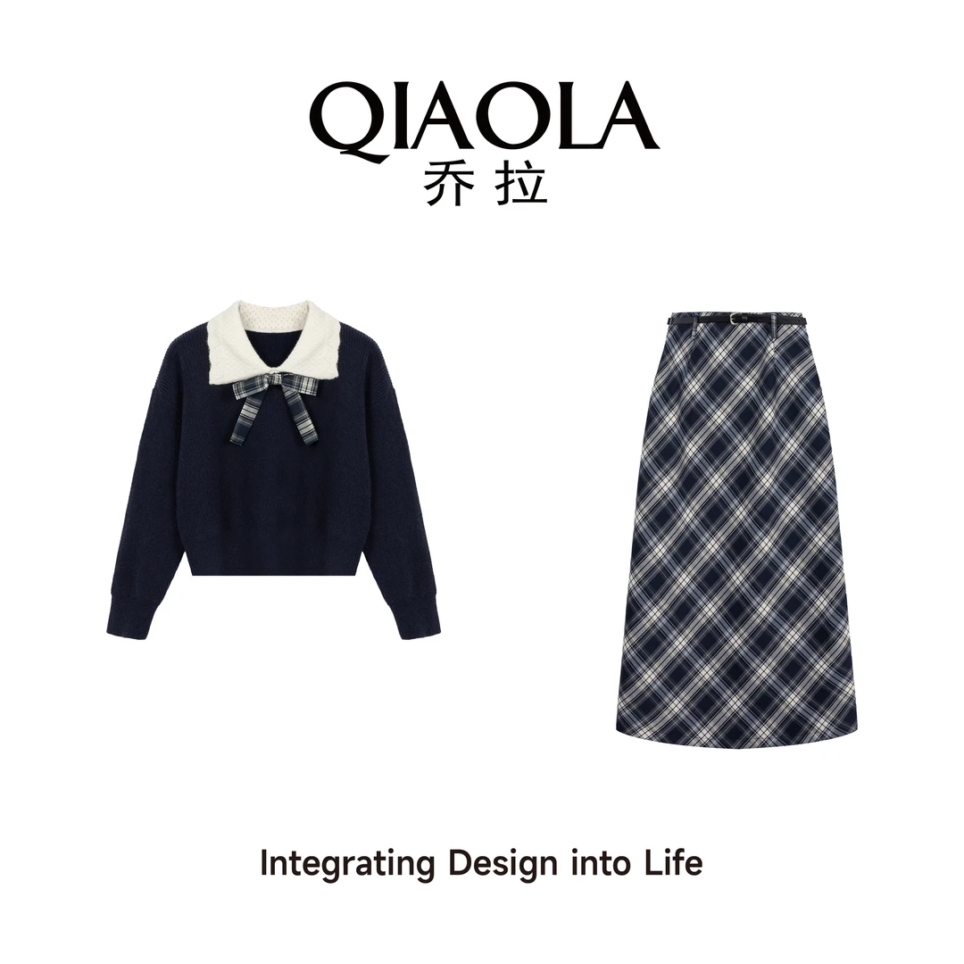 QIAOLA/乔拉【海岛季风】秋冬季北极绒拼色翻领格纹A版时尚套装预售