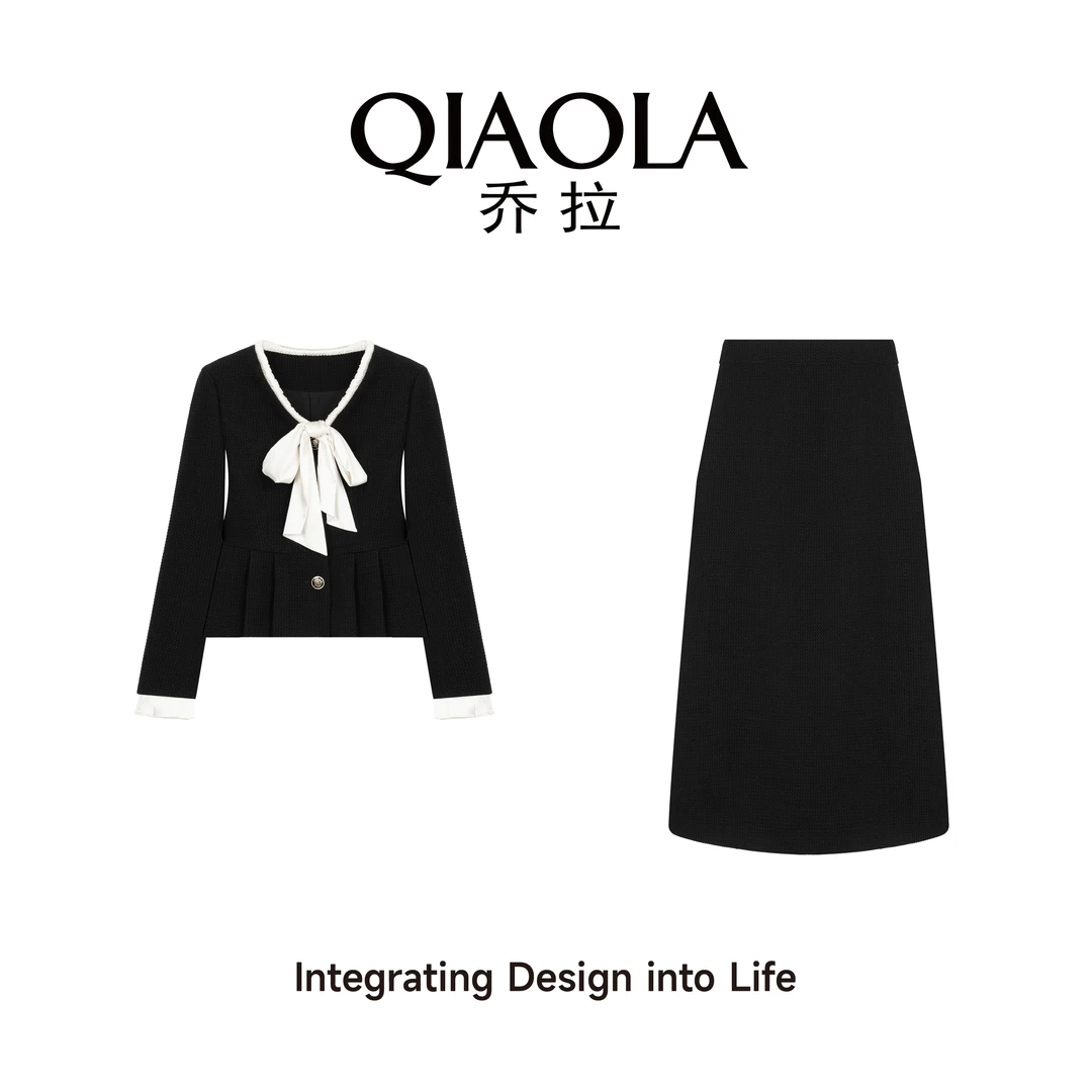 QIAOLA/乔拉【梦色茶话】秋冬季梭织肌理V领绑带轻奢时尚套装预售