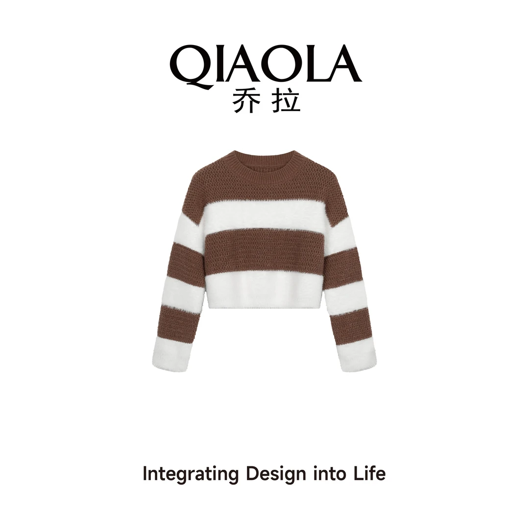 QIAOLA/乔拉【半烤奶酪】秋季条纹仿貂毛毛织圆领慵懒时尚套装预售
