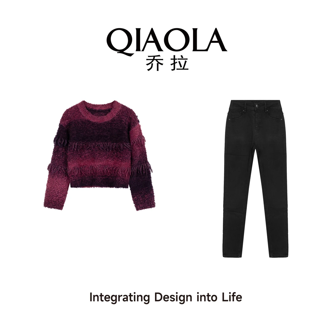 QIAOLA/乔拉【绯红特调】秋冬季渐变圈圈纱流苏慵懒时尚套装预售