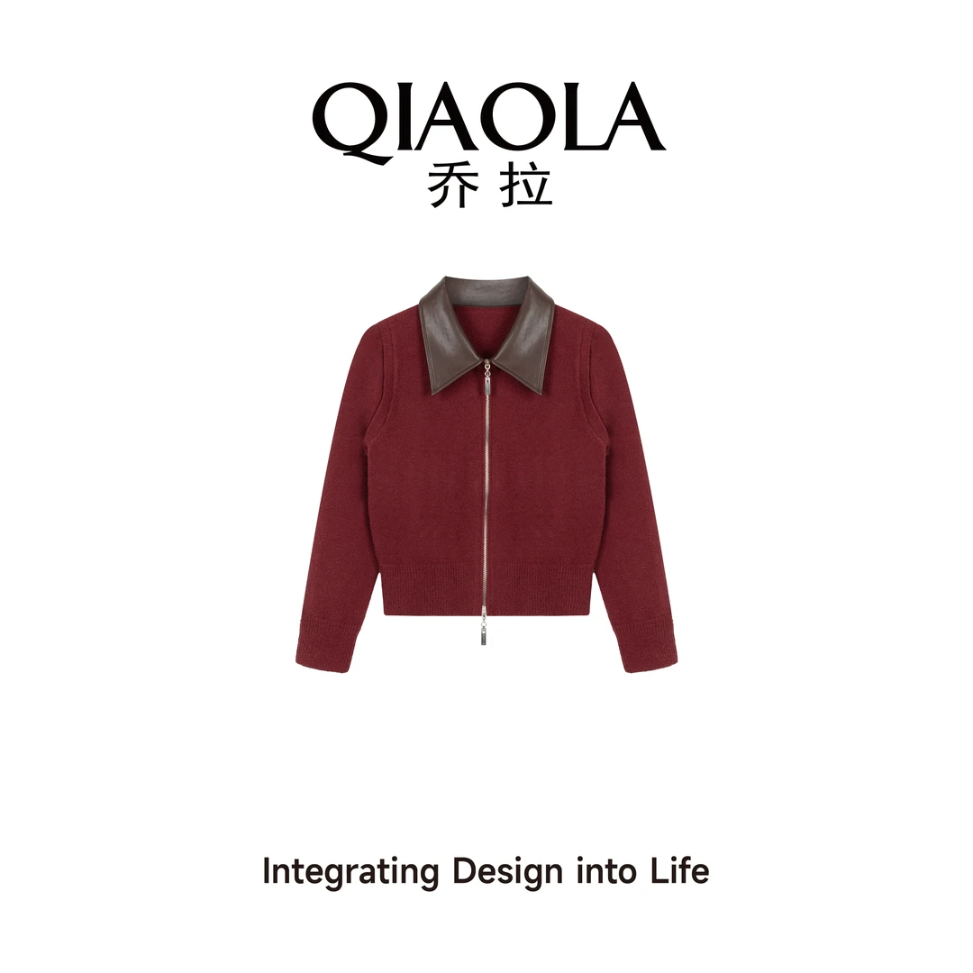 QIAOLA/乔拉【枫红恋曲】秋冬季北极绒拼接皮革翻领百搭针织衫预售