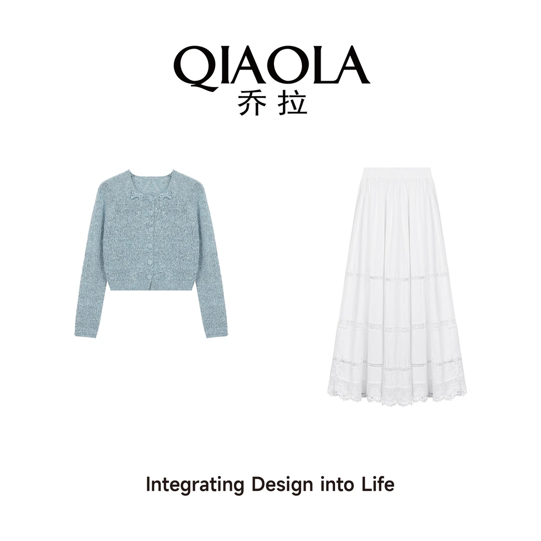 QIAOLA/乔拉【兰花轻舞】秋季毛织单排扣U领蕾丝遮肉时尚套装预售