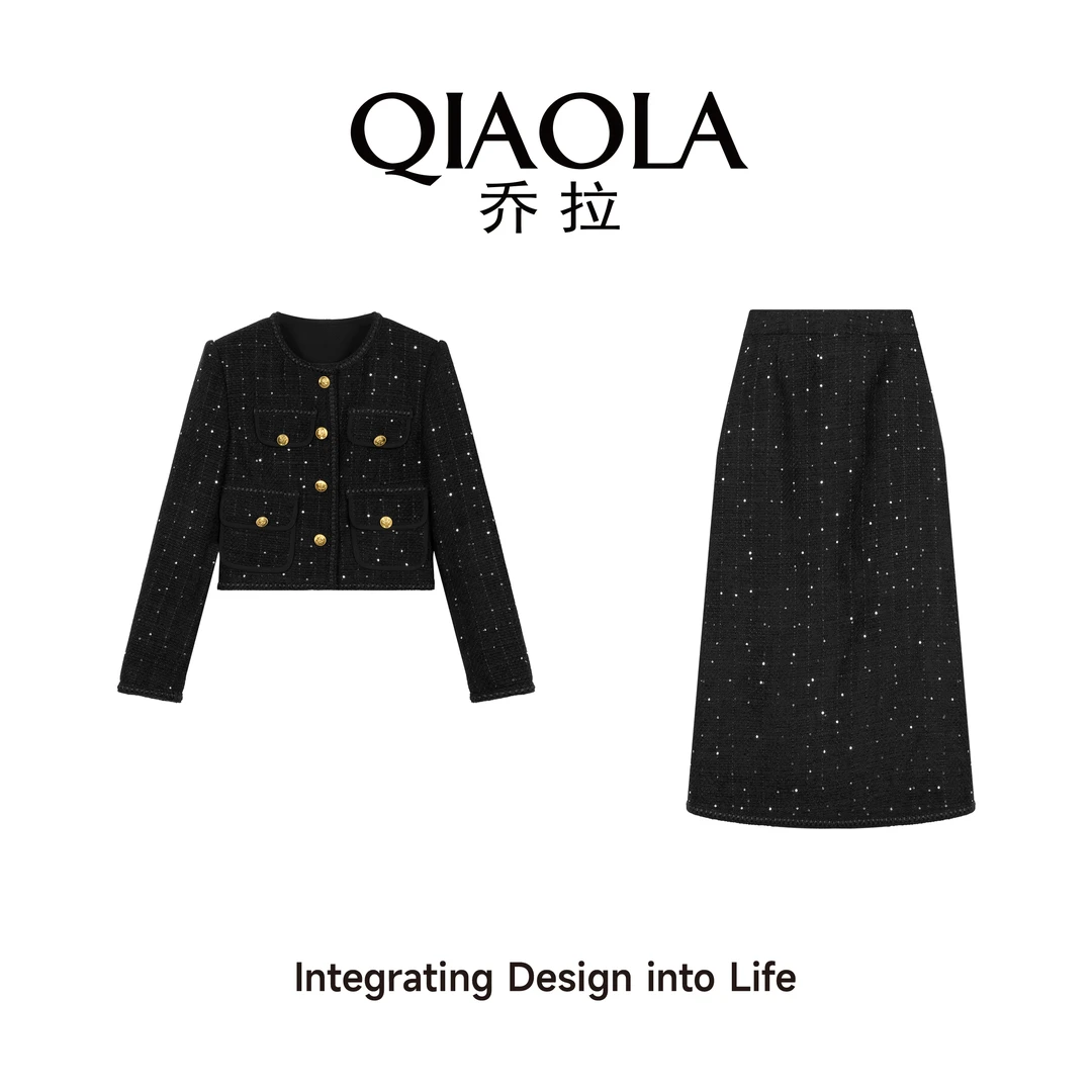 QIAOLA/乔拉【星河恋曲】秋冬款小香风圆领正肩A版时尚套装预售