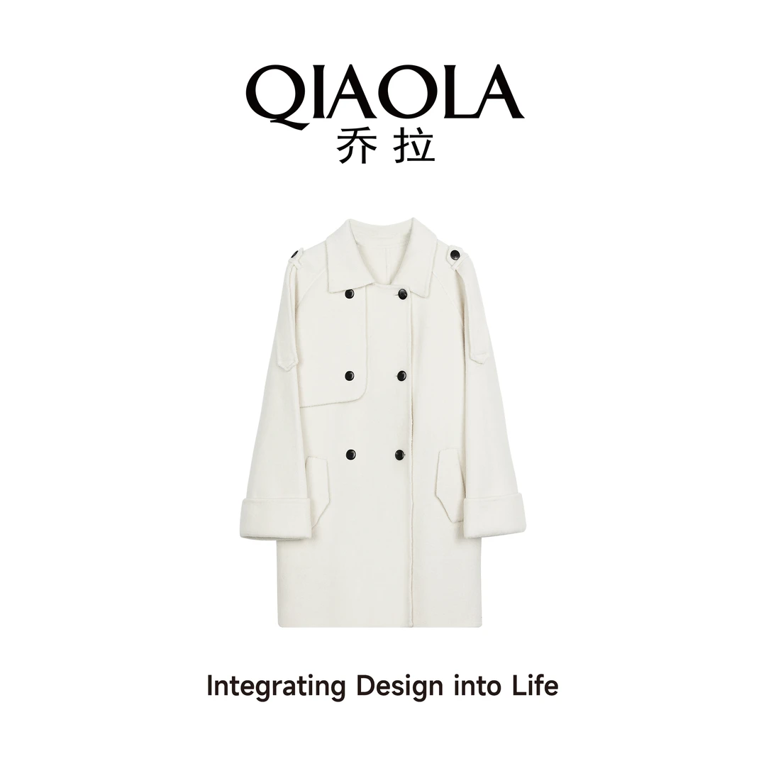 QIAOLA/乔拉【伦敦时报】秋冬季双面绵羊毛毛呢双排扣大衣外套预售
