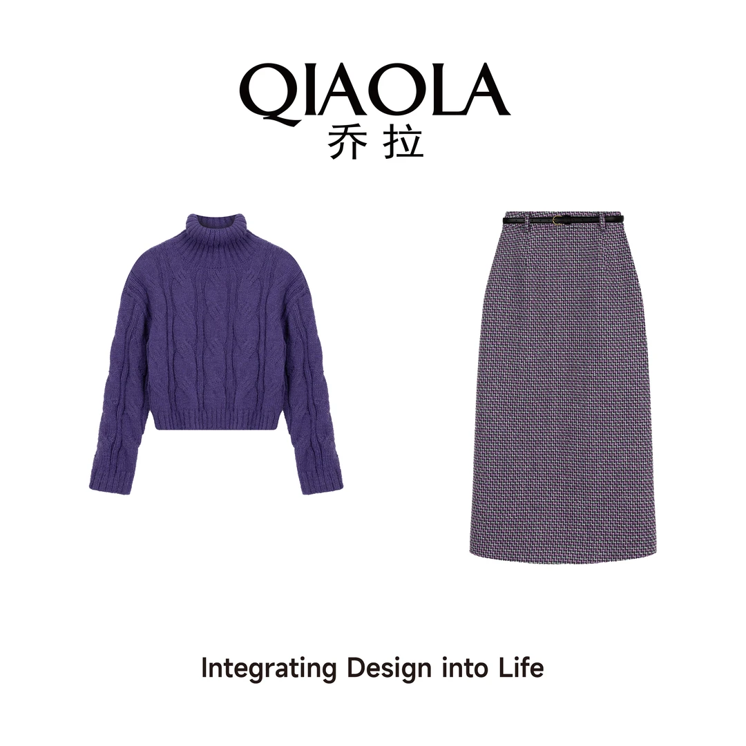 QIAOLA/乔拉【紫萝之梦】秋冬季螺纹马海毛翻领慵懒A版时尚套装预售