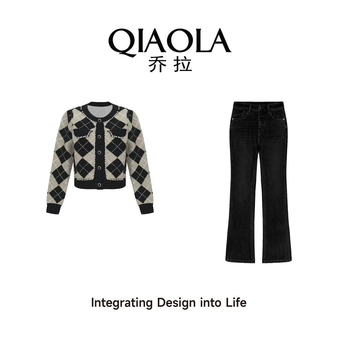QIAOLA/乔拉【方块学园】秋冬季格纹毛织钉钻圆领减龄时尚套装预售