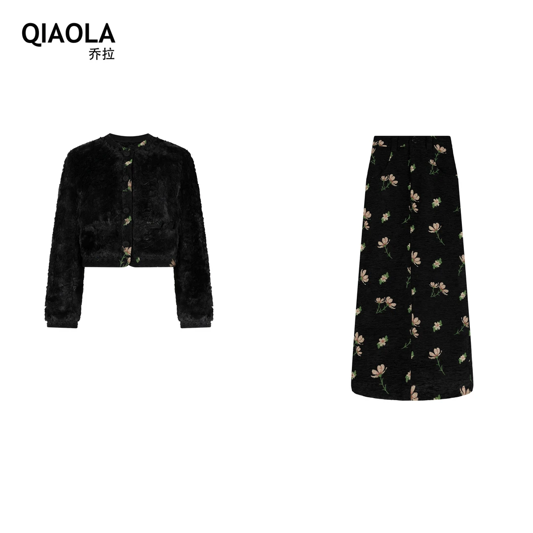 QIAOLA/乔拉【繁花礼笺】秋冬款仿毛绒提花梭织边单排时尚套装预售
