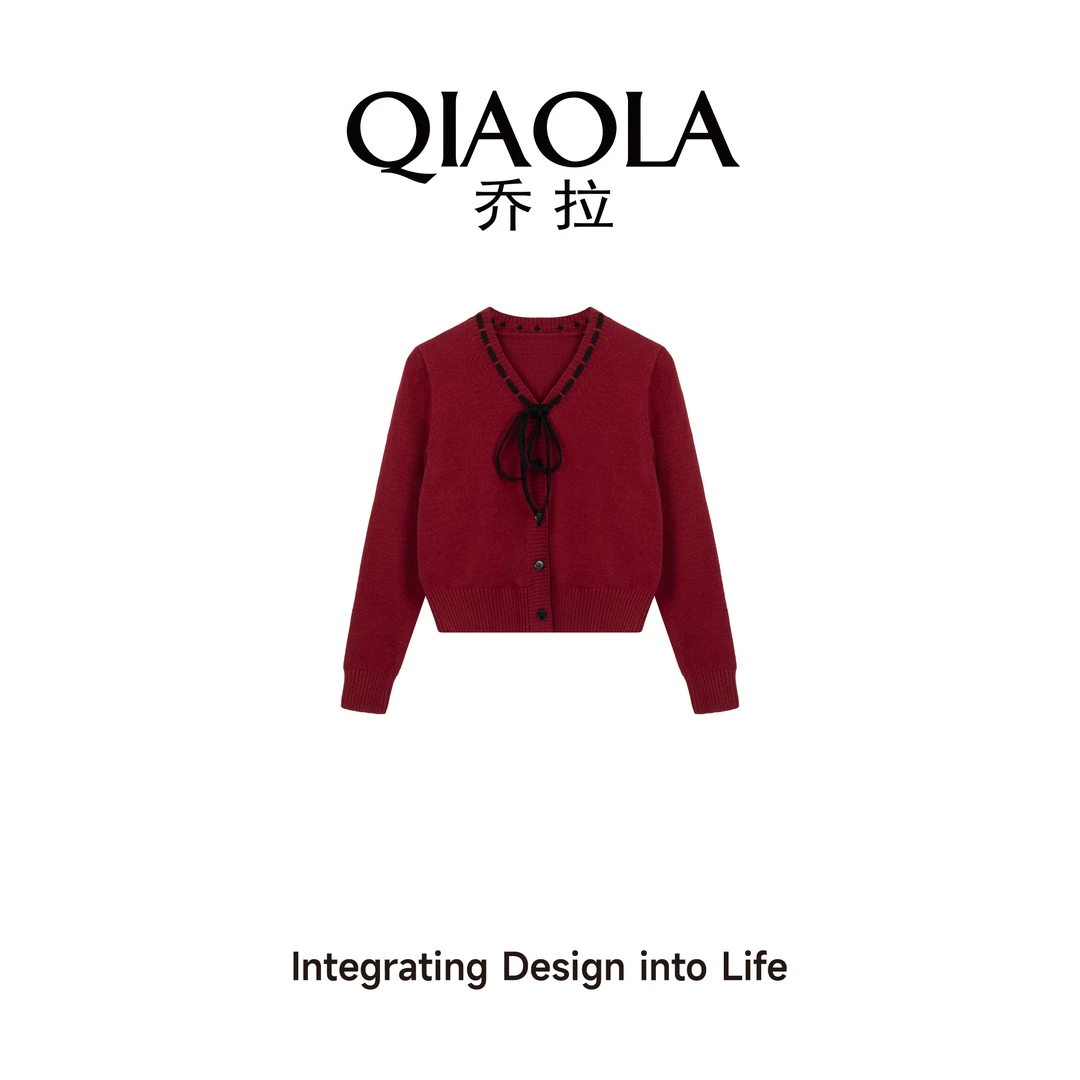 QIAOLA/乔拉【圣诞甜酒】秋冬新款红色减龄单排扣上衣