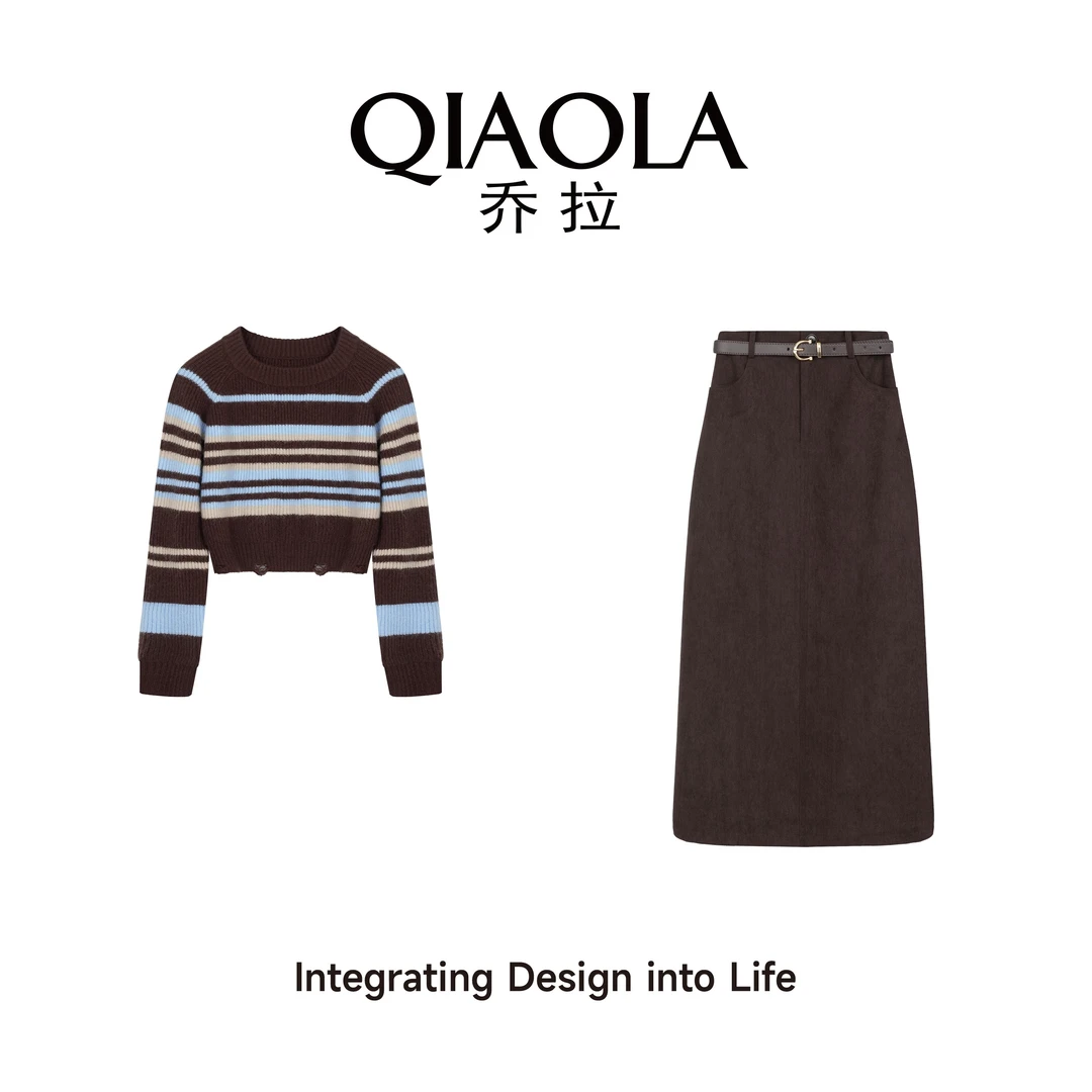 QIAOLA/乔拉【琥珀之谜】秋季北极绒条纹圆领慵懒百搭时尚套装预售