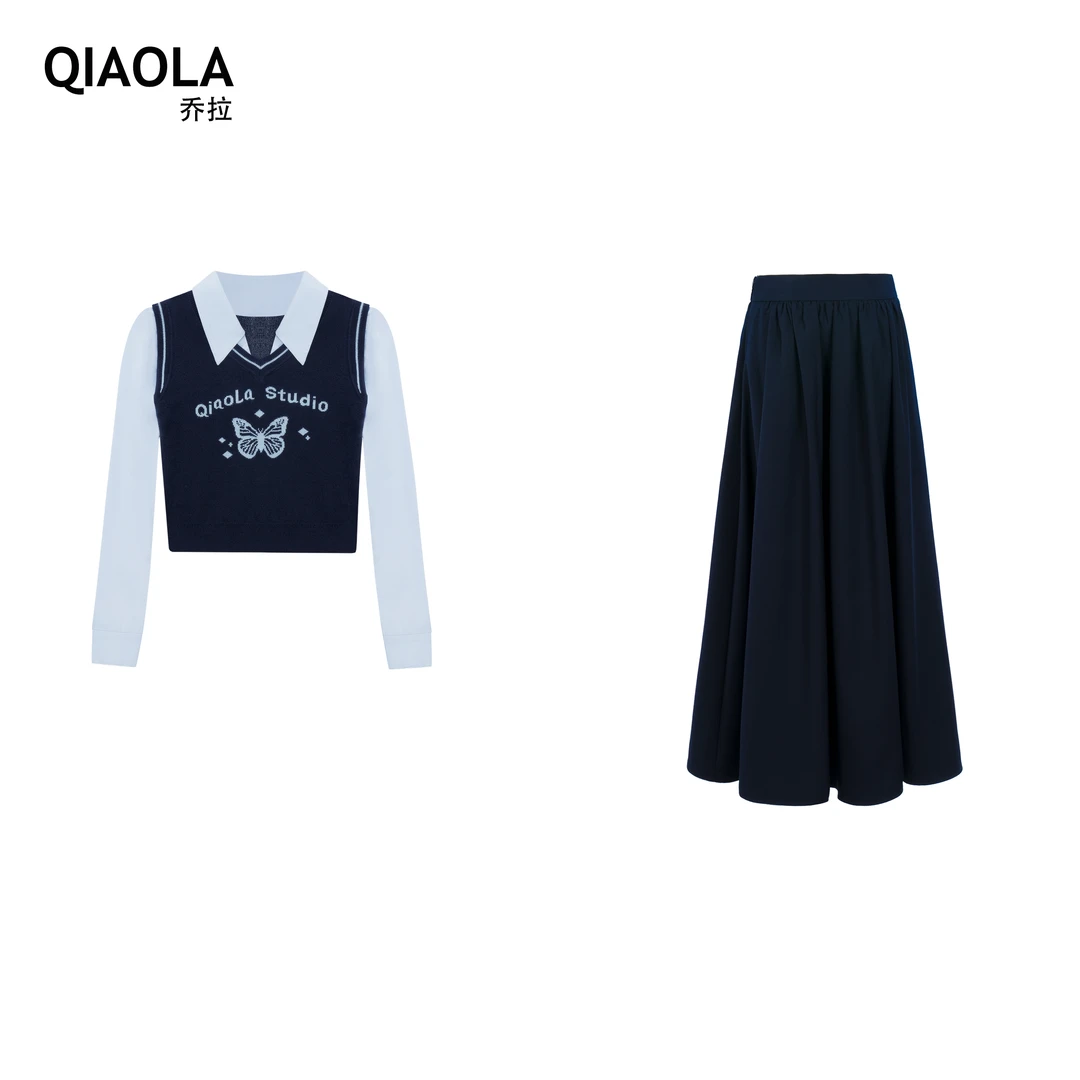 QIAOLA/乔拉【蓝色信语】秋款撞色拼接假两件百搭毛衣时尚套装预售