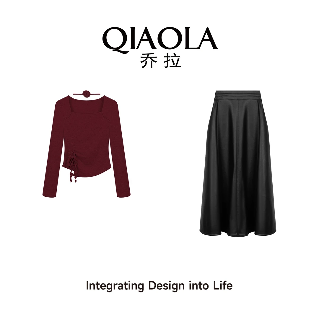 QIAOLA/乔拉【薄雾玫瑰】秋季弹力针织立体花朵A版遮肉时尚套装预售