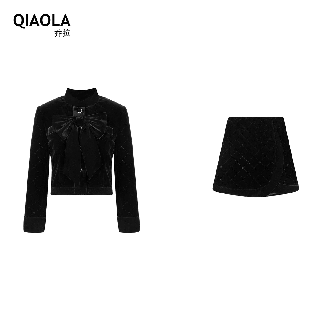 QIAOLA/乔拉【午夜礼赞】秋冬定制立体丝绒小立领蝴蝶结外套套预售