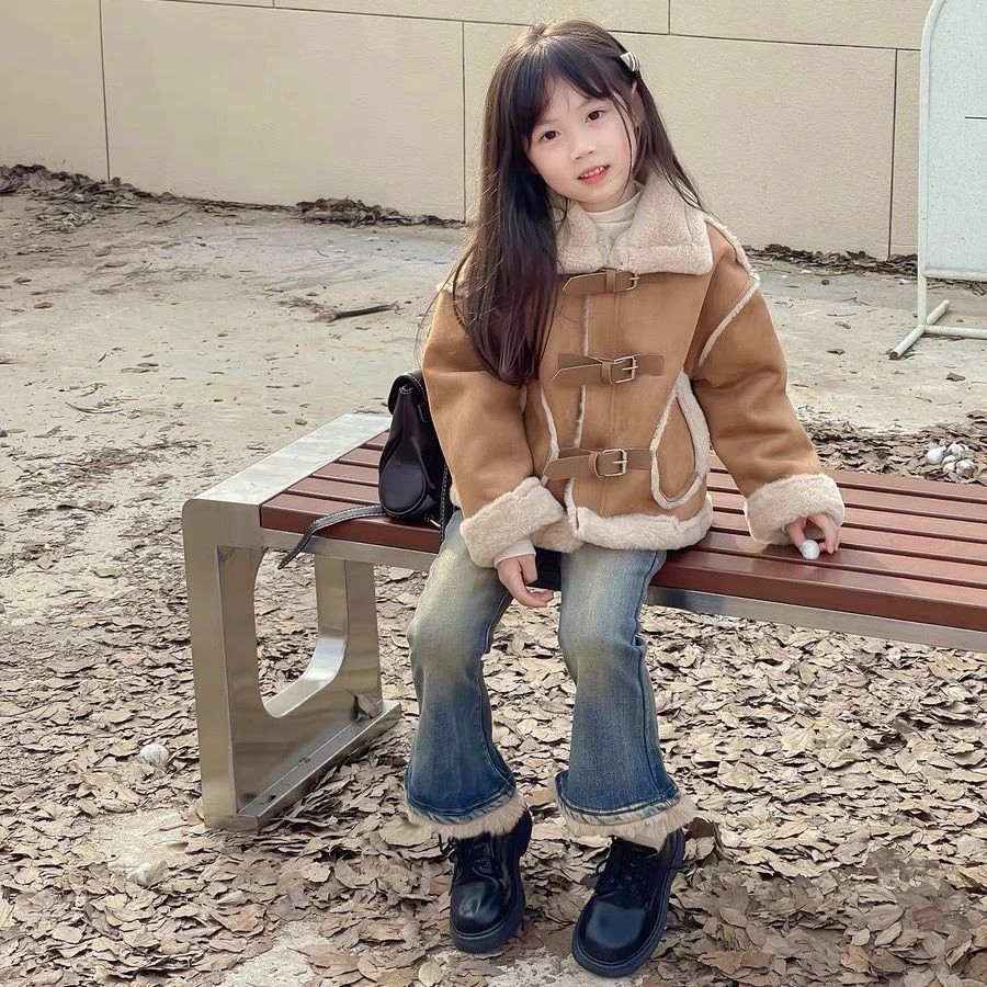 女童美拉德冬季两件套装韩系爆款皮毛一体夹克外套加绒牛仔裤潮流