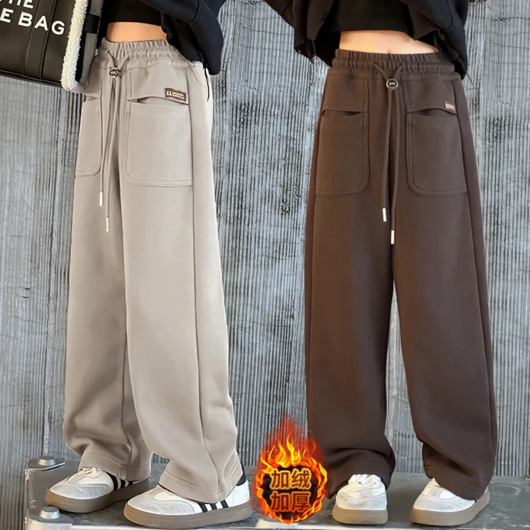 女童加绒休闲裤2024秋冬新款儿童大童一体绒加厚宽松直筒阔腿卫裤