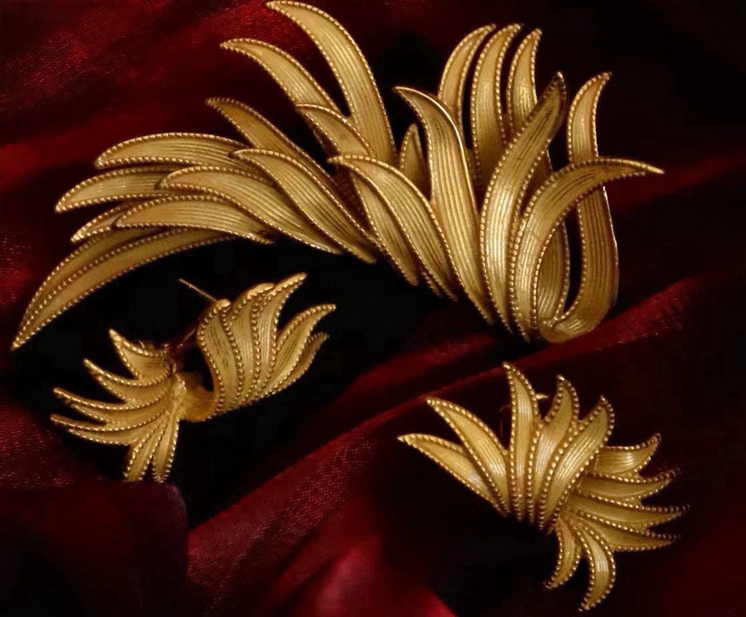 铜合金耳饰 【1005】凤翼耳饰胸针-复古纯手工金色素款耳环