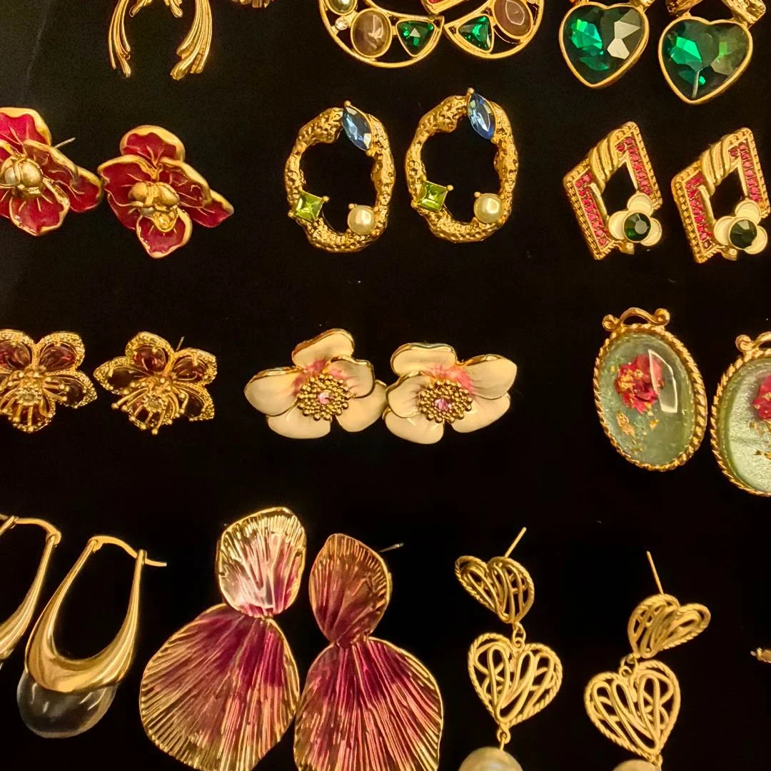 铜合金耳饰 铜合金中古vintage复古镶嵌精美古法时尚耳环手工彩色