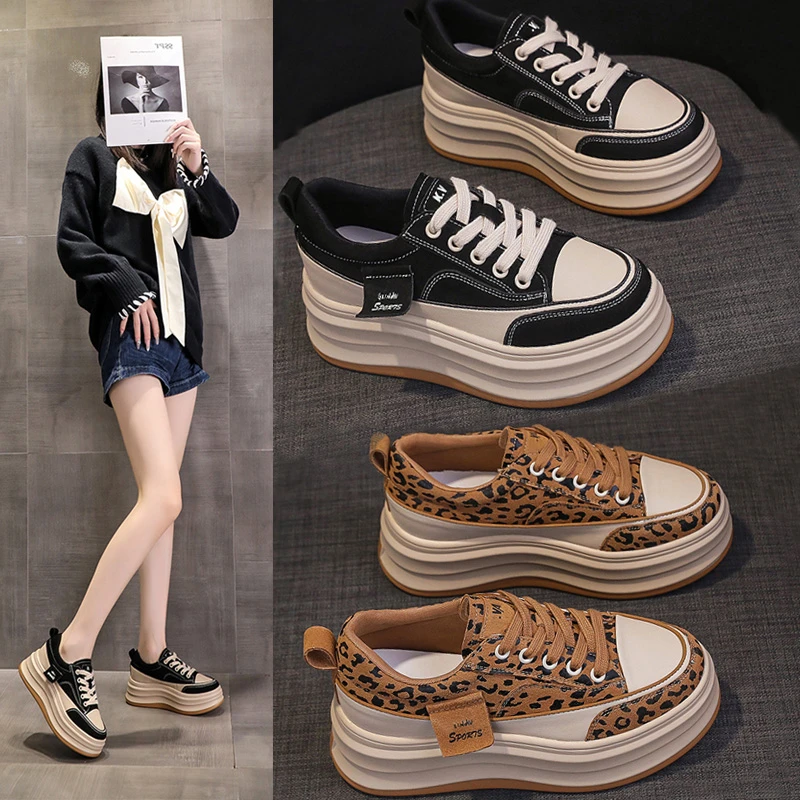 熊猫鞋女秋冬加绒2025新款松糕厚底豹纹板鞋9cm内增高女鞋小个子