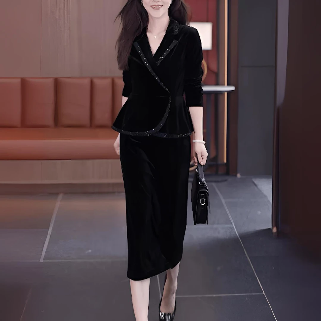 春季新款气质收腰套装拼接西服领假半身裙两件套