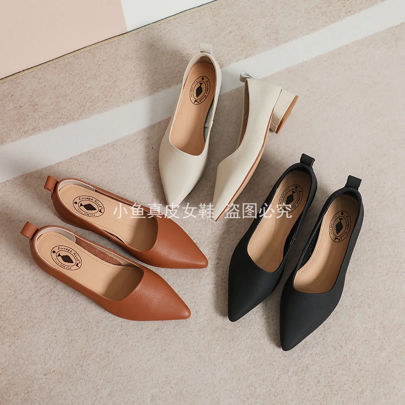 昔子2251-1牛皮平底鞋女鞋软底浅口低跟春秋新款百搭舒适尖头单鞋