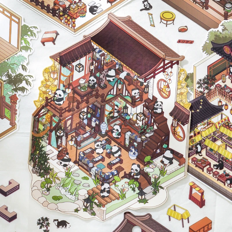 暮光 趣味国风造景贴纸系列第三弹 可爱国宝熊猫小屋造景贴纸 4款