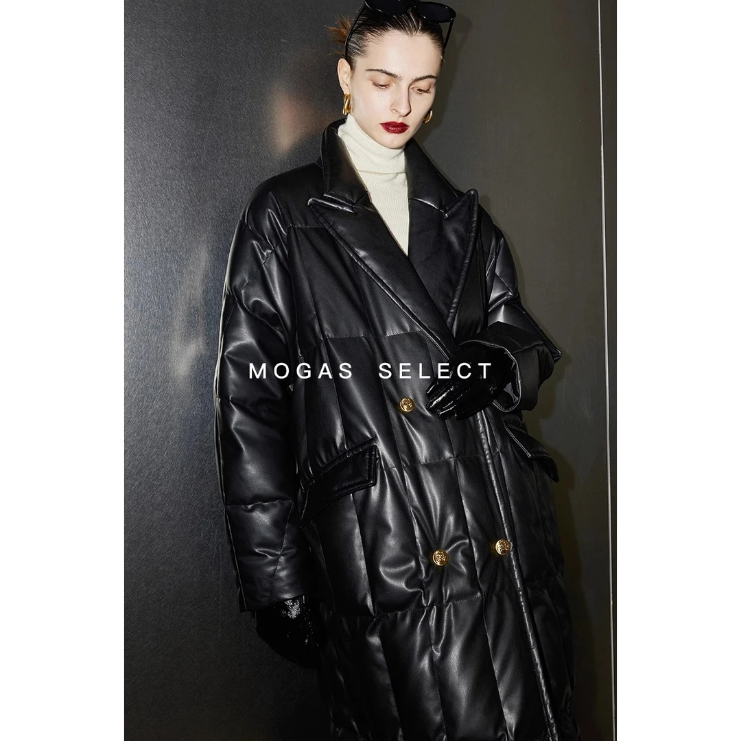 Mogas【Ling姐私服】90白鸭绒环葆小羊皮质感立体西装领长款羽绒服