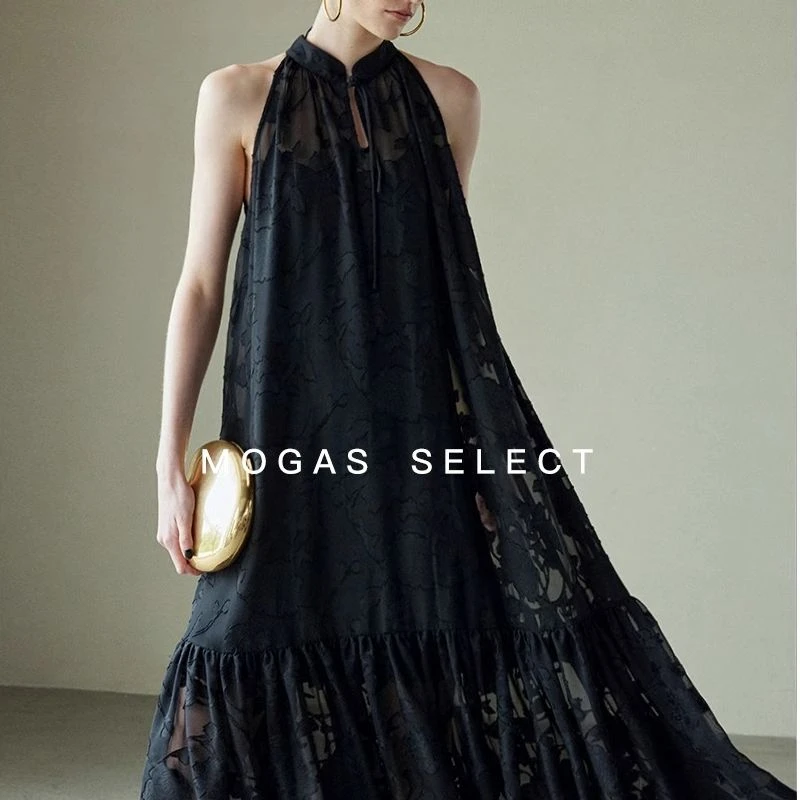 Mogas【粉丝回馈】立体提花盘扣透视立领白色连衣裙法式伞裙331703