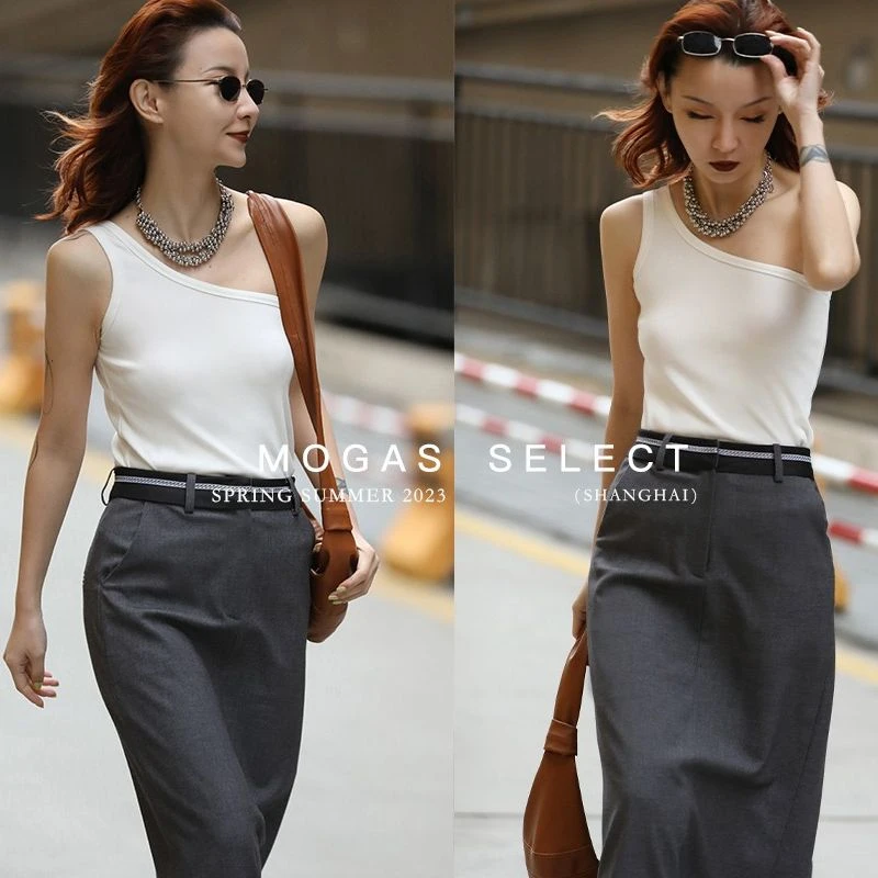 MOGAS【kiko专属】舒适简约纸片人通勤修身显瘦遮肉斜肩背心吊带