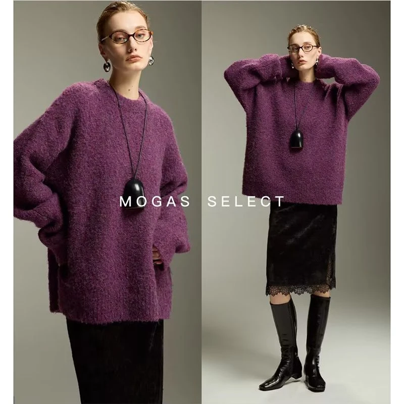 Mogas慵懒氛围感 绵羊毛混花圈圈纱立体加厚廓形粗针毛衣307901