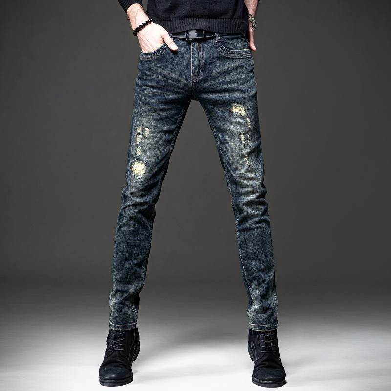 TUCANO/啄木鳥2025秋季破洞补丁男牛仔裤子修身小脚欧美牛仔裤男