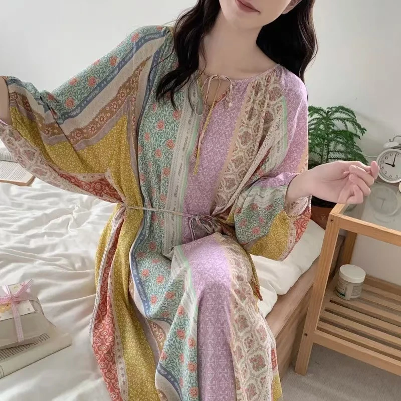 【绑带连衣裙】睡裙女绵绸睡衣国风波西米亚家居裙可外穿90-200斤