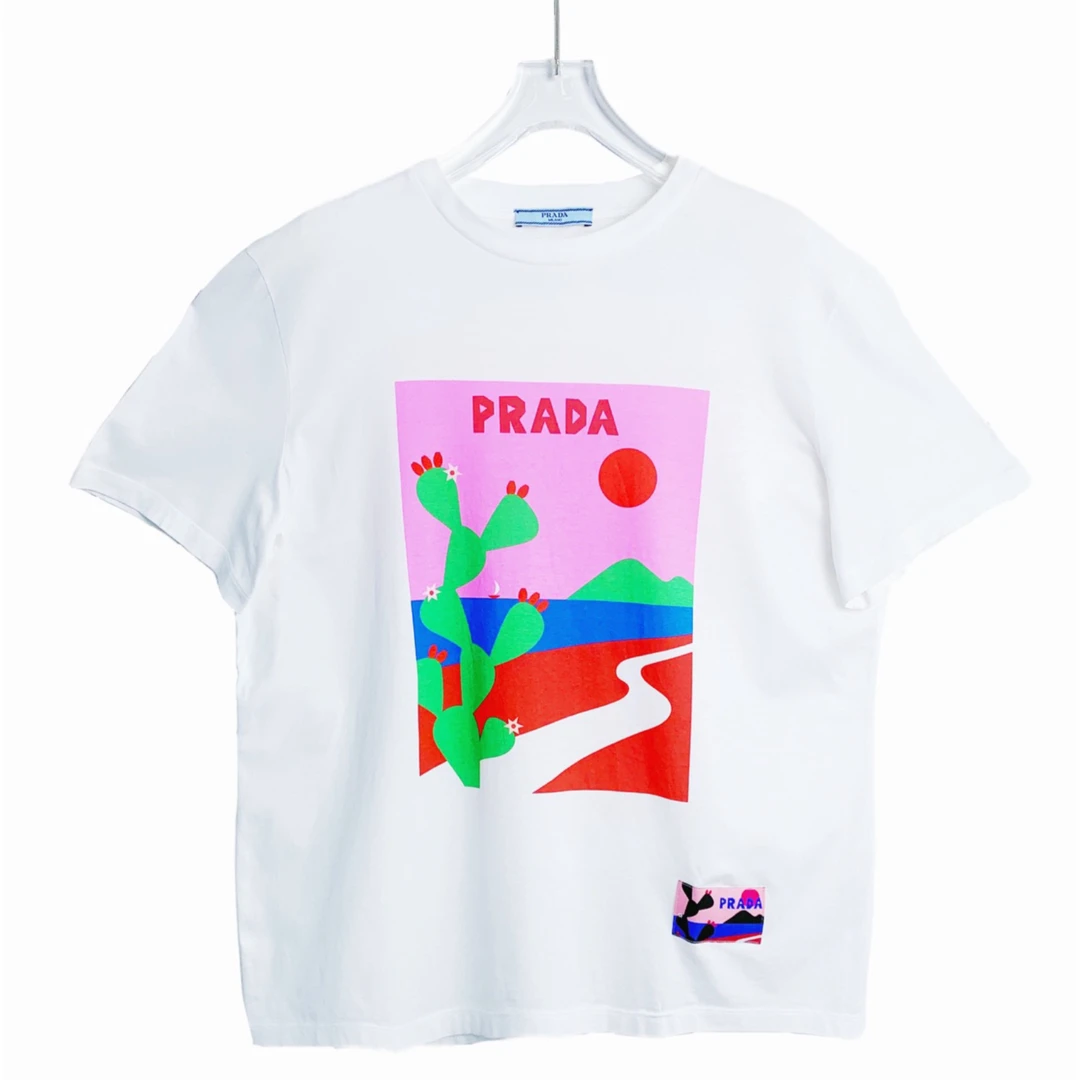 99新 Prada/普拉达 01831 Prada仙人掌插画印花白色短袖 L码