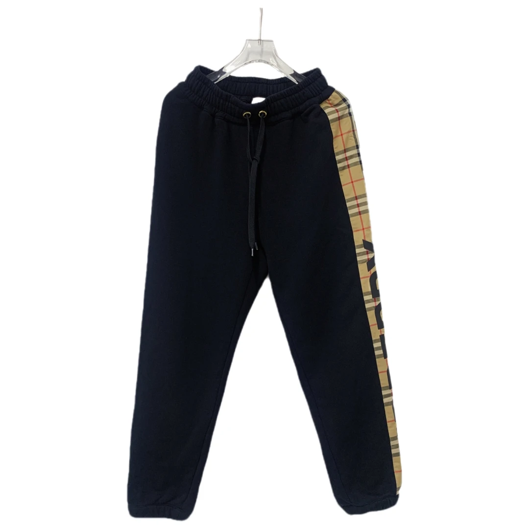 99新 BURBERRY/博柏利 01135  logo格纹拼接设计黑色休闲裤  XS码