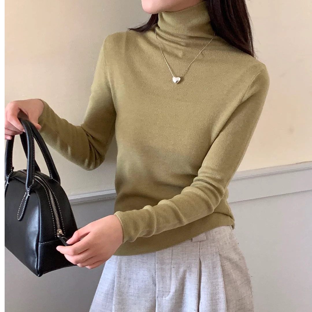 806堆堆领秋冬新款48支精纺100%美丽奴羊毛长袖纯色修身针织衫