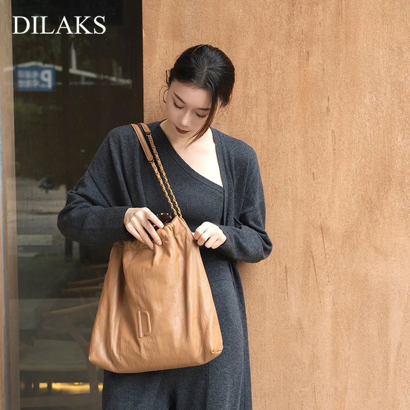 DILAKS迪莱克丝2024年秋季托特包褶皱纹理柔软高级感单肩斜挎包女