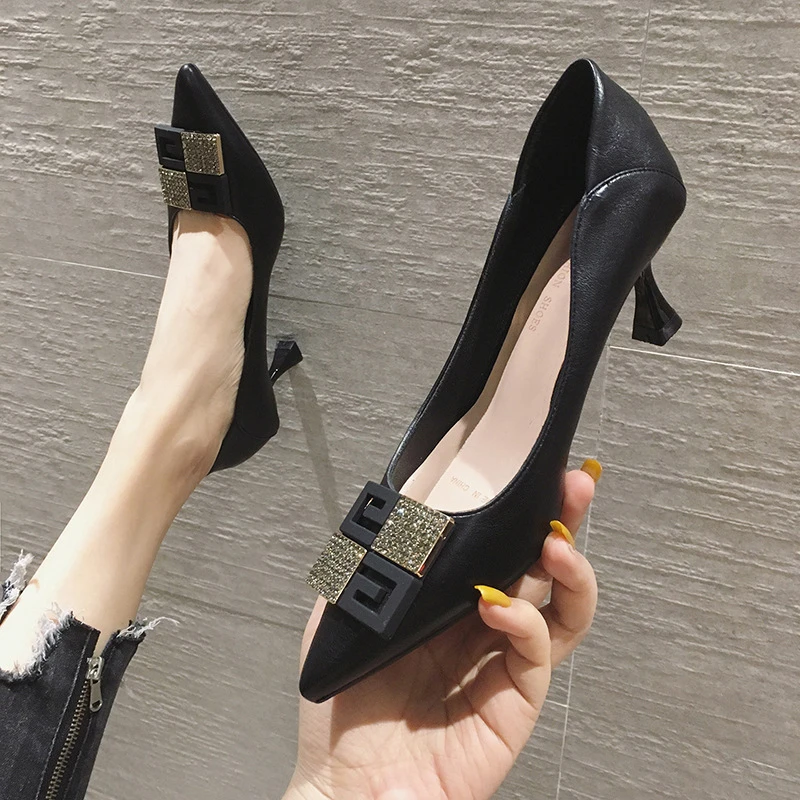 职业单鞋女2025新款春秋季气质百搭蝴蝶结尖头性感细跟浅口高跟鞋