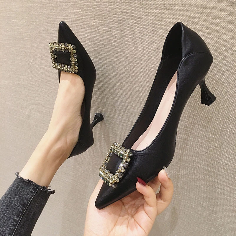 法式单鞋尖头气质时尚百搭水钻工作职业女鞋不累细跟高跟女鞋高跟