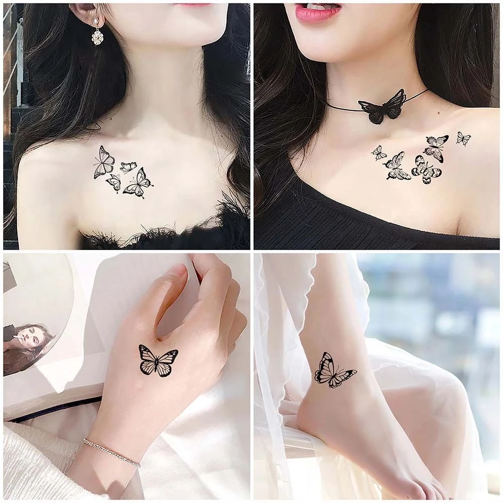 黑色蝴蝶流苏素描纹身贴女防水持久仿真普通纹身贴时尚纹身贴纸