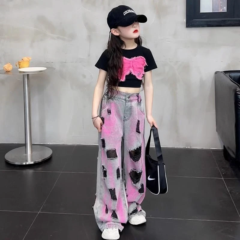 女童破洞牛仔裤2024夏季新款小女孩设计感潮酷直筒裤走秀演出裤子
