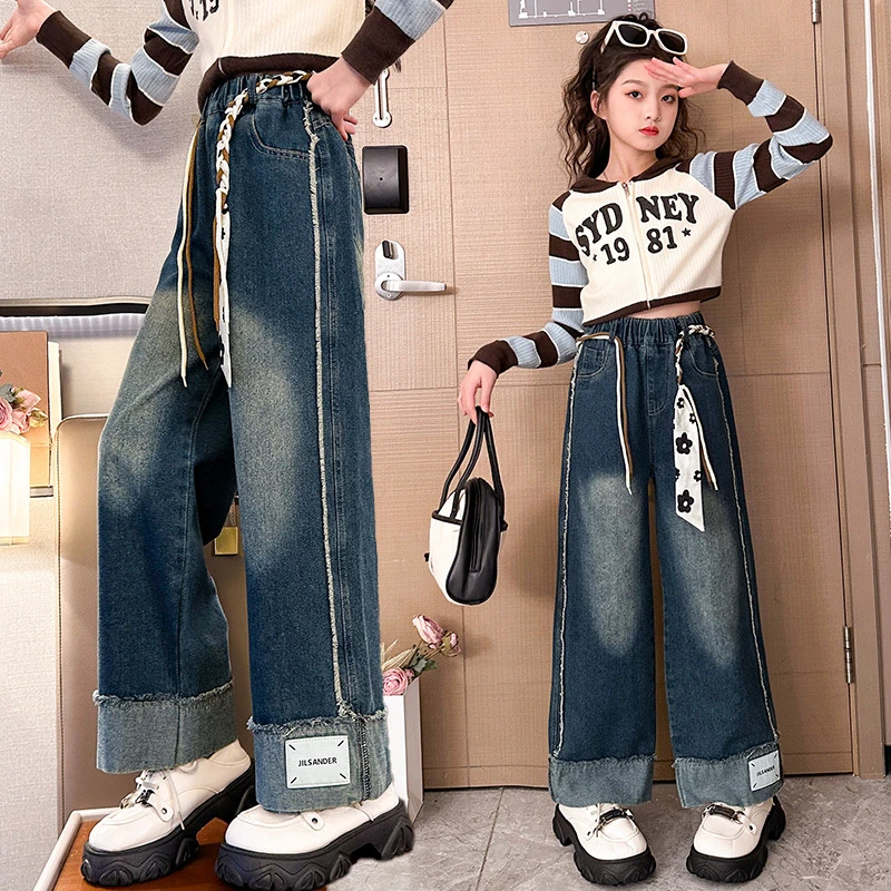 女童牛仔裤2023春秋款中大童洋气时髦宽松阔腿裤秋季儿童休闲裤子