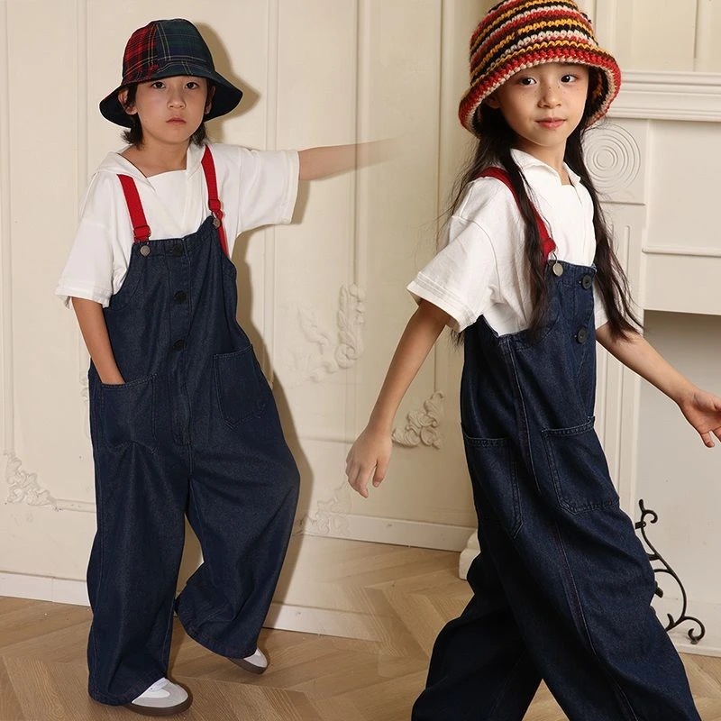 女童男童背带裤直筒裤长裤2025秋季撞色牛仔裤宽松百搭时尚裤子