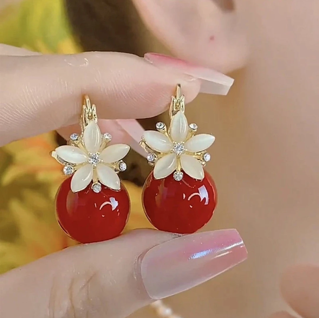 925银针耳饰 【20号】时尚复古红色珠珠双面戴耳扣女百搭