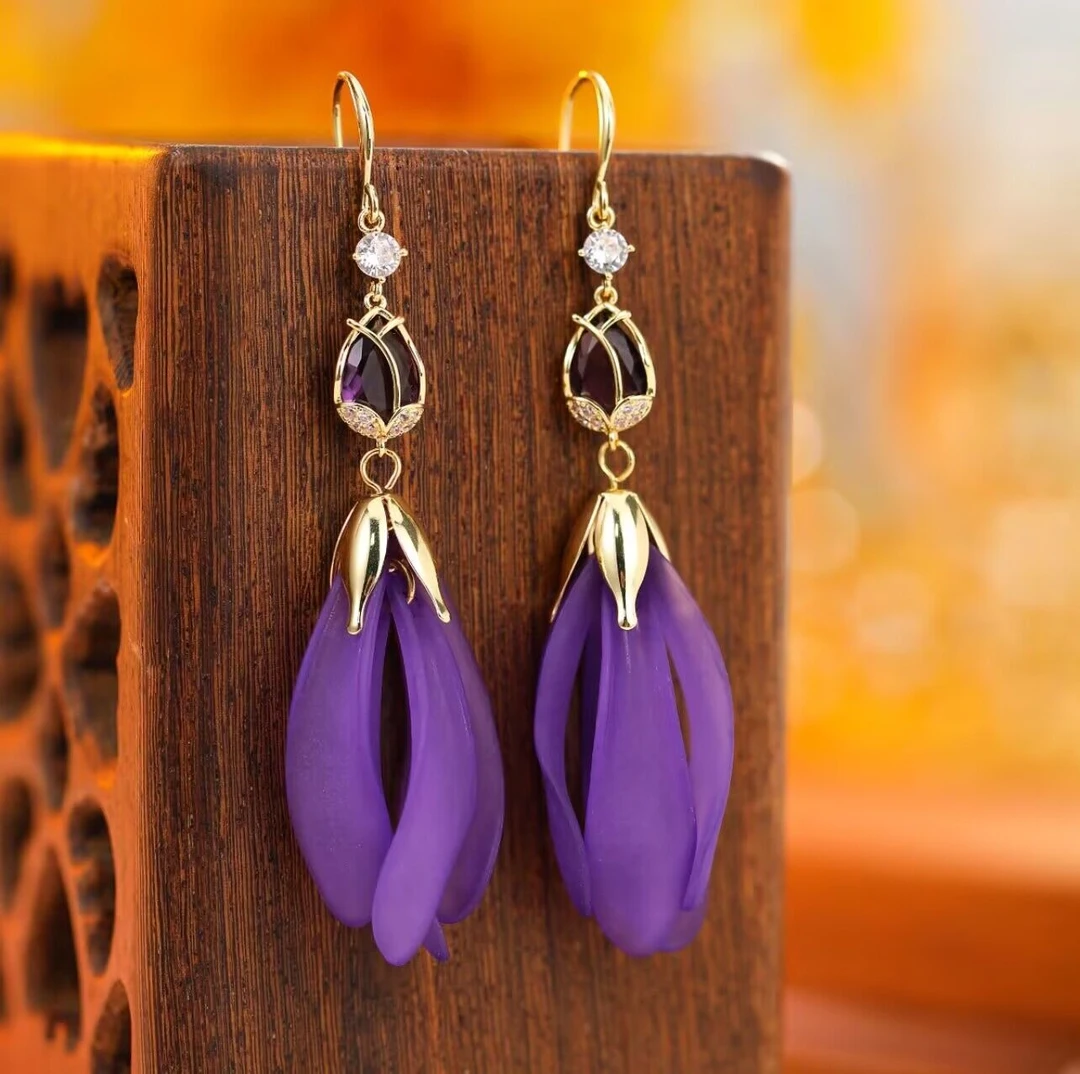 925银针耳饰 【61号】紫色郁金香花瓣时尚气质长款百搭耳环