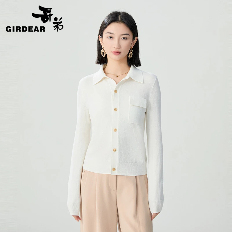 哥弟 翻领星光扣设计针织开衫长袖气质短款通勤秋冬小香风1499186