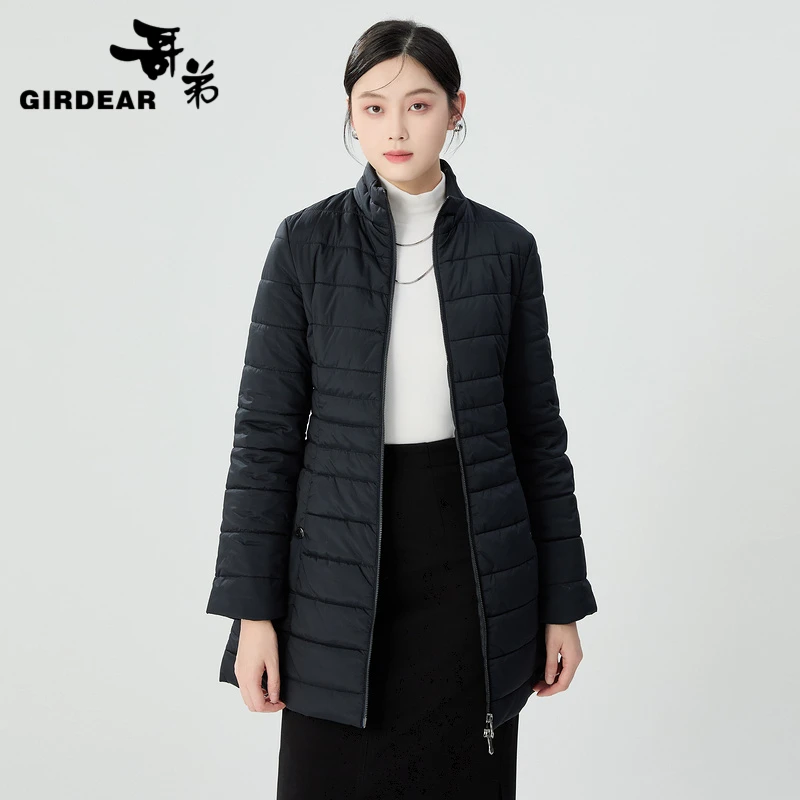 哥弟 圆领简约菱形绗缝棉服外套时尚女士中长款防风保暖1400797