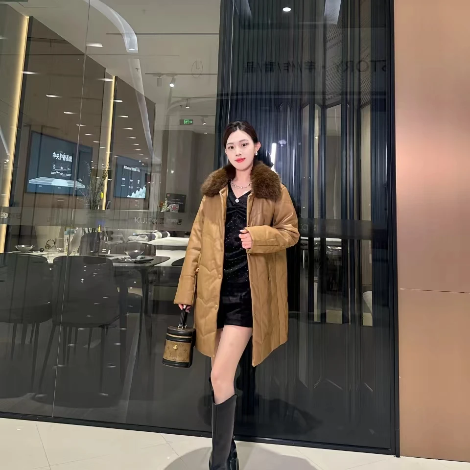 【源头50】时尚气质大毛领女士驼绒皮衣女装外套气质款