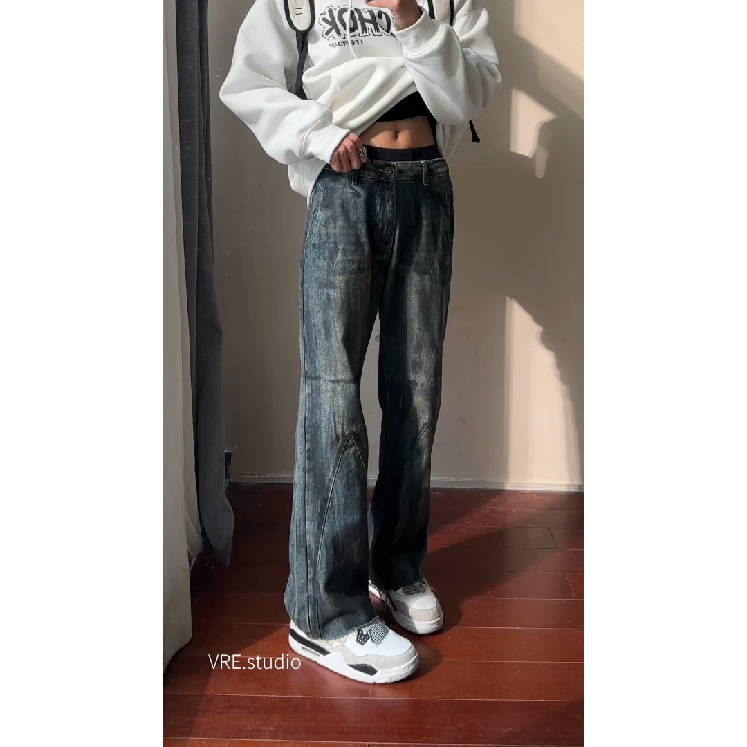 复古扎染水墨蓝拼接牛仔裤男女秋冬宽松高街显瘦vibe痞帅微喇裤子